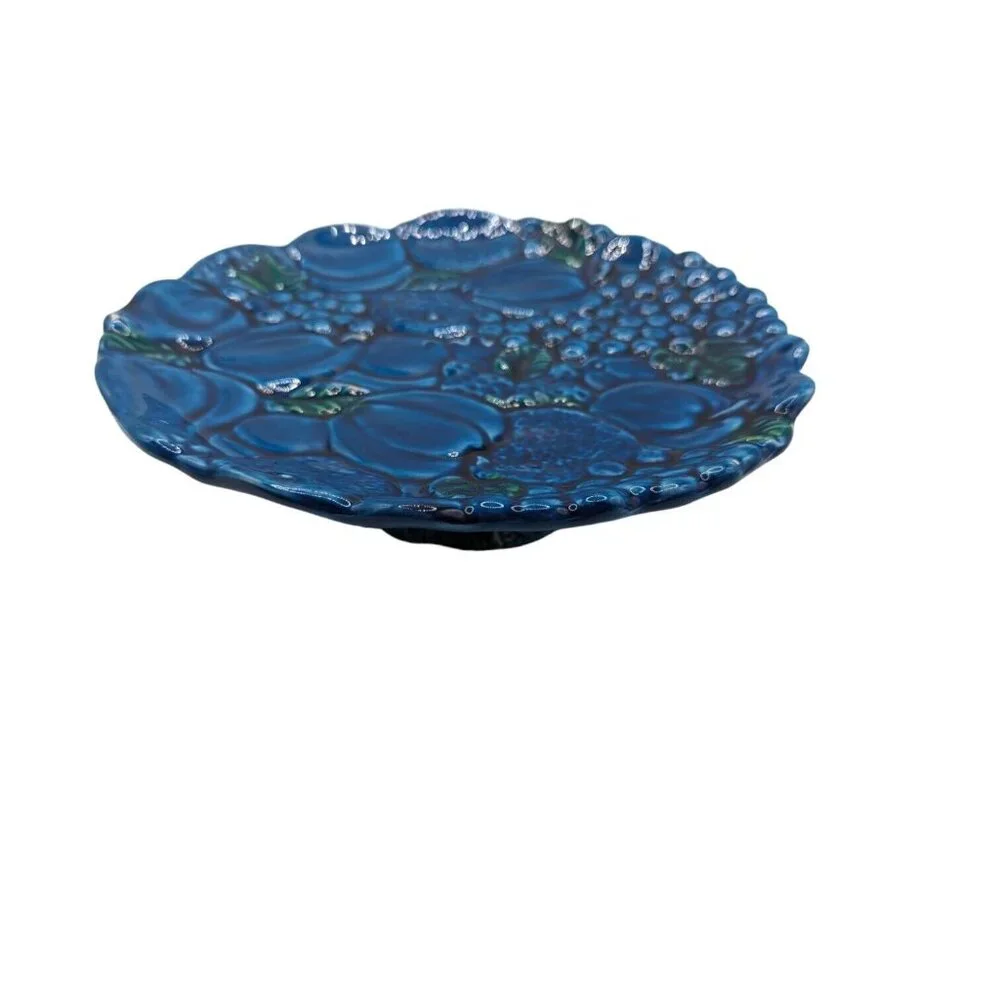 Vintage MCM Inarco Blue Mood Pedestal Cake Plate Dessert Tray Textured Fruit
